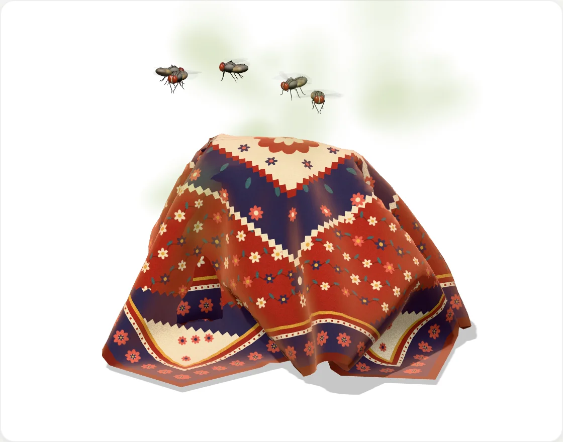 A rug draped over the Trash, with flies circling it